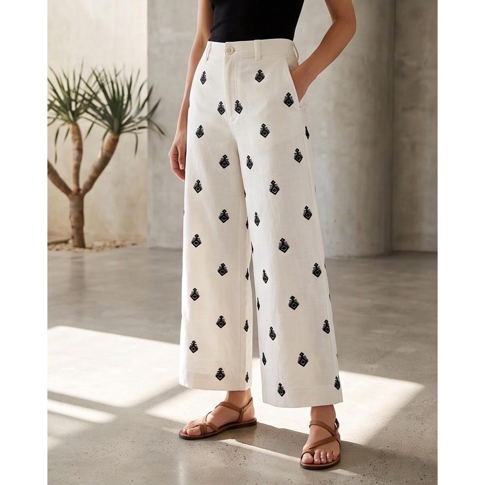 Zara Women's XS Embroidered Linen Wide Leg Pants Eggshell White Black NWT